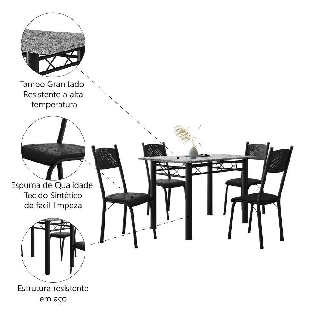 Conjunto De Mesa Sala De Jantar Sara Com 4 Cadeiras Tubular Granito 1,20m Artefamol Preto - 5