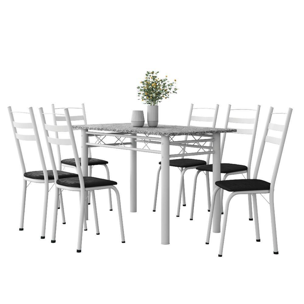 Conjunto De Mesa Sala De Jantar Leia Com 6 Cadeiras Tubular Granito 1,40m Artefamol Branco / Preto - 1