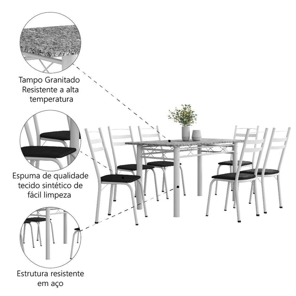 Conjunto De Mesa Sala De Jantar Leia Com 6 Cadeiras Tubular Granito 1,40m Artefamol Branco / Preto - 5