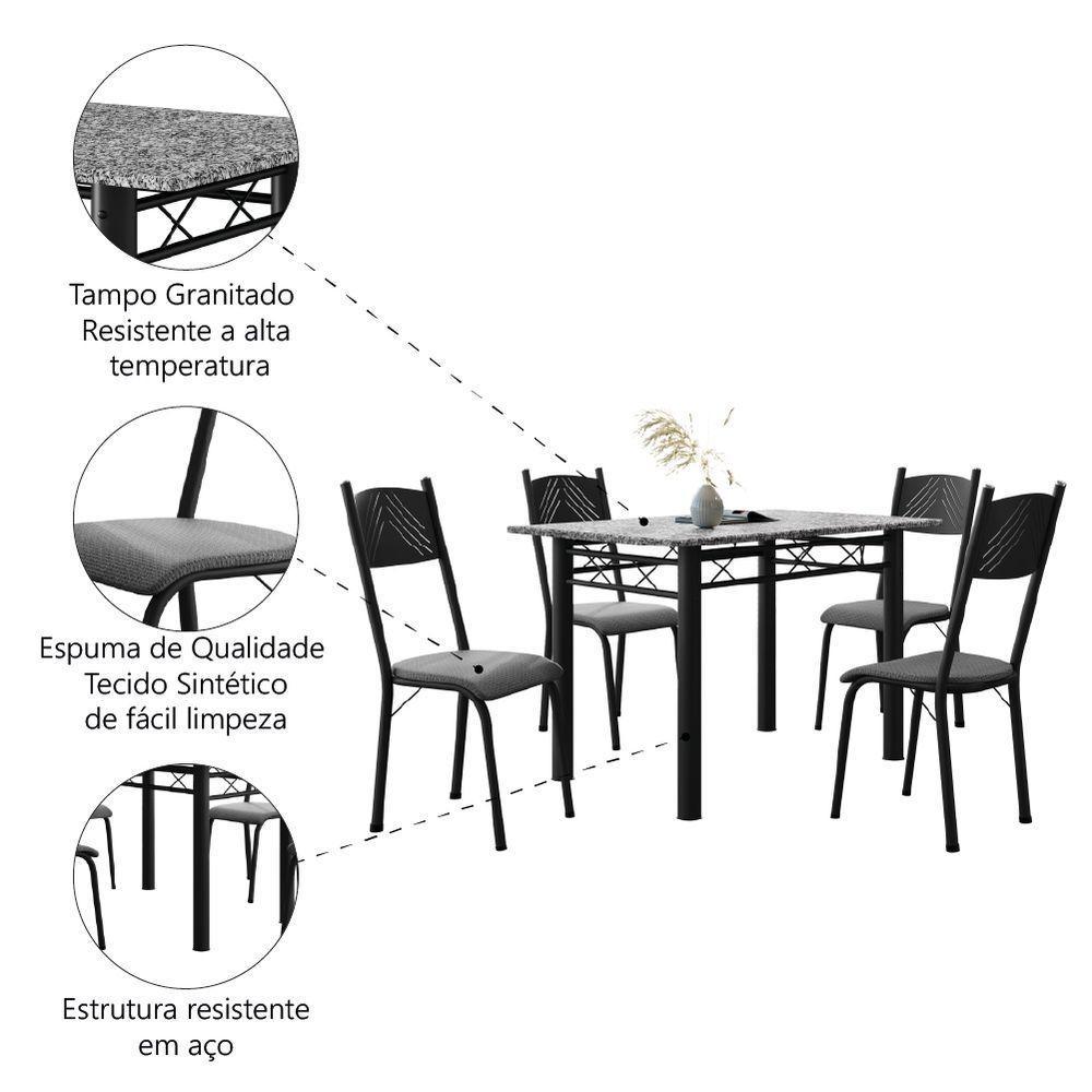 Conjunto De Mesa Sala De Jantar Sara Com 4 Cadeiras Tubular Granito 1,20m Artefamol Preto/platina - 5