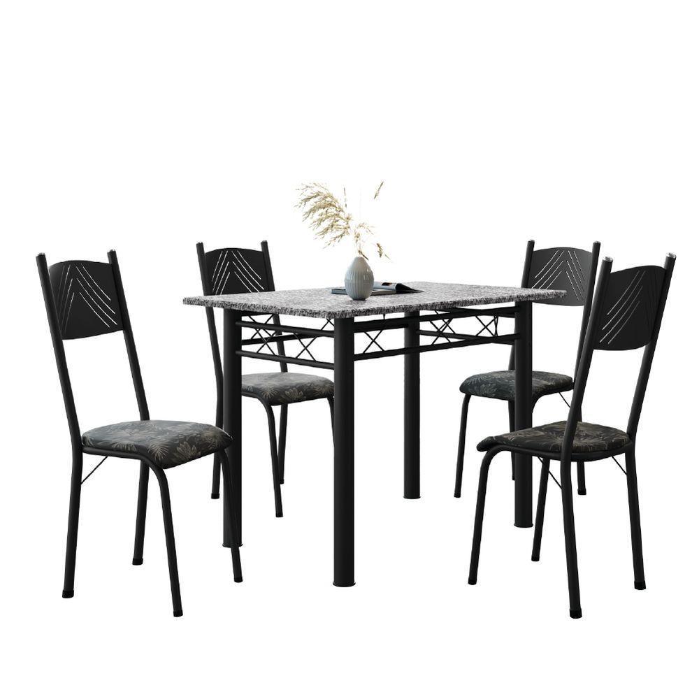 Conjunto De Mesa Sala De Jantar Sara Com 4 Cadeiras Tubular Granito 1,20m Artefamol Preto/flor - 1