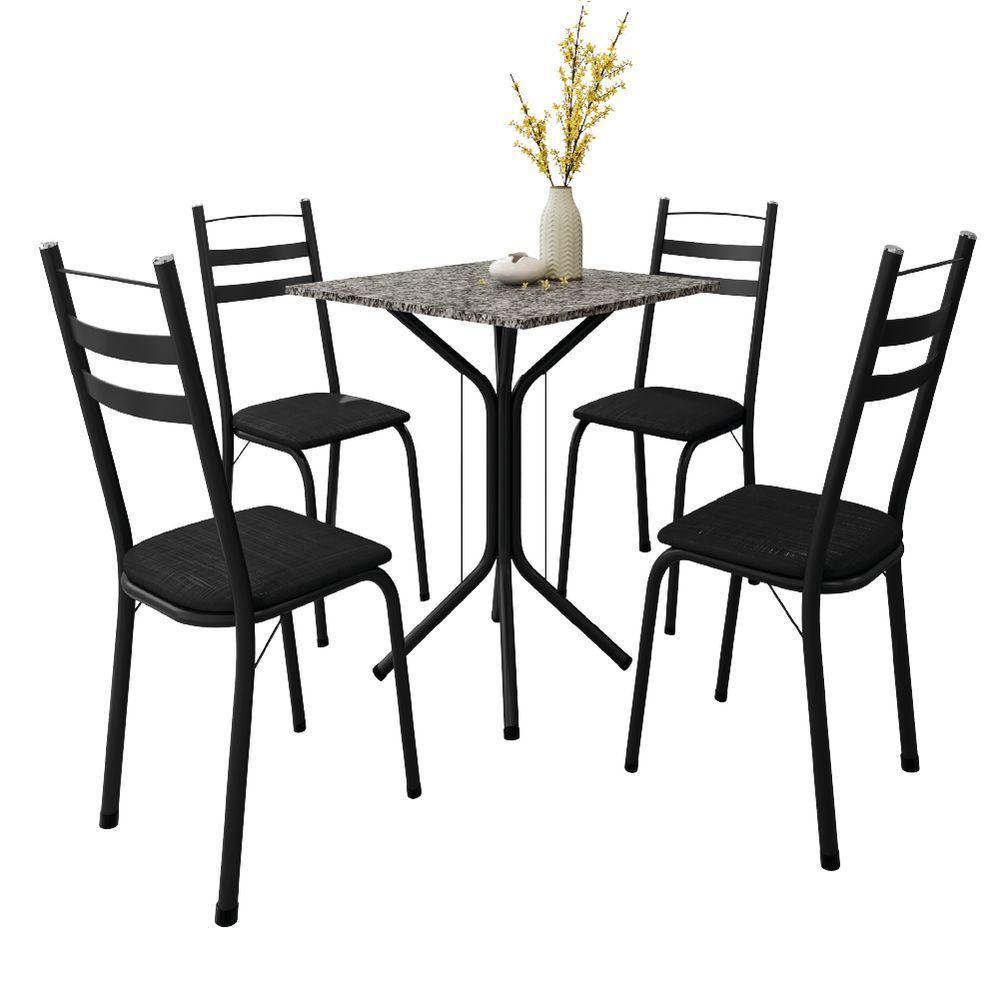Conjunto De Mesa Sala De Jantar Com 4 Cadeiras Leia Tubular Granito Artefamol Preto - 1