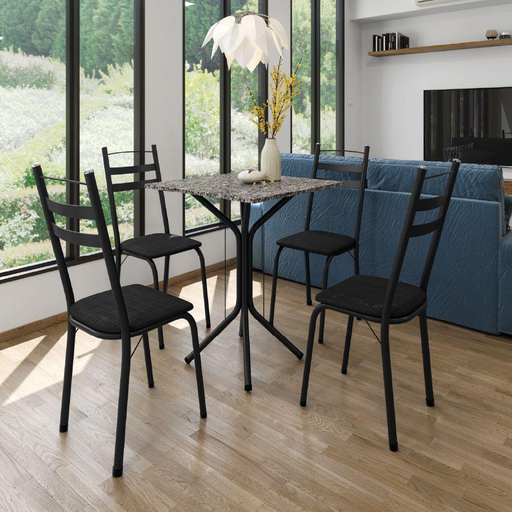 Conjunto De Mesa Sala De Jantar Com 4 Cadeiras Leia Tubular Granito Artefamol Preto - 2