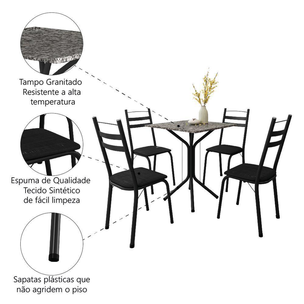 Conjunto De Mesa Sala De Jantar Com 4 Cadeiras Leia Tubular Granito Artefamol Preto - 5