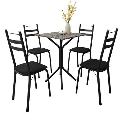 Conjunto de Mesa Sala de Jantar Leia 4 Lugares Tampo em Vidro com Cadeiras Estofadas Preto