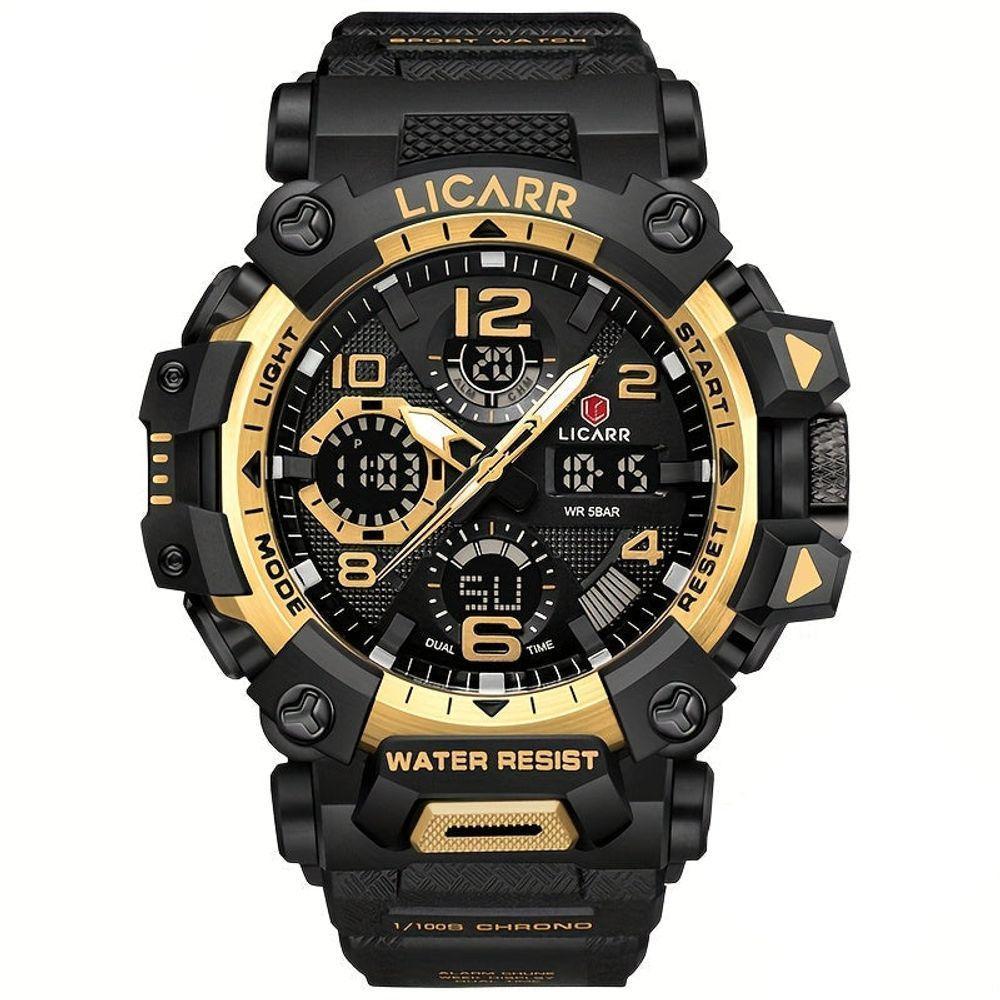 Relógio Digital Masculino à Prova De água 5atm Duplo Display Esportivo Quartzo Dourado Preto - 1