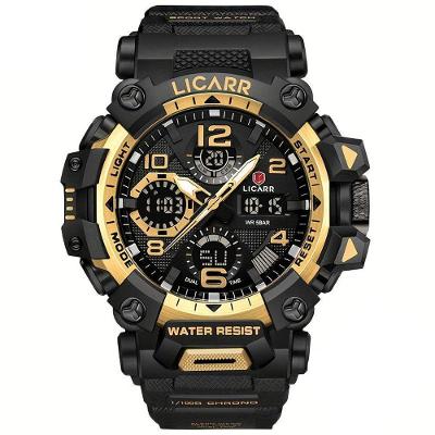 Relógio Digital Masculino à Prova De água 5atm Duplo Display Esportivo Quartzo Dourado Preto