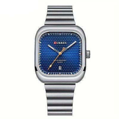 Relógio Casual Masculino De Quartzo Pulseira De Aço Inoxidável Quadrado Prata Azul