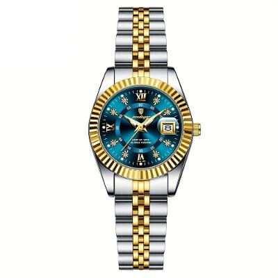 Relógio Feminino Elegante Com Strass Em Aço Inoxidável De Quartzo Casual Azul Dourado
