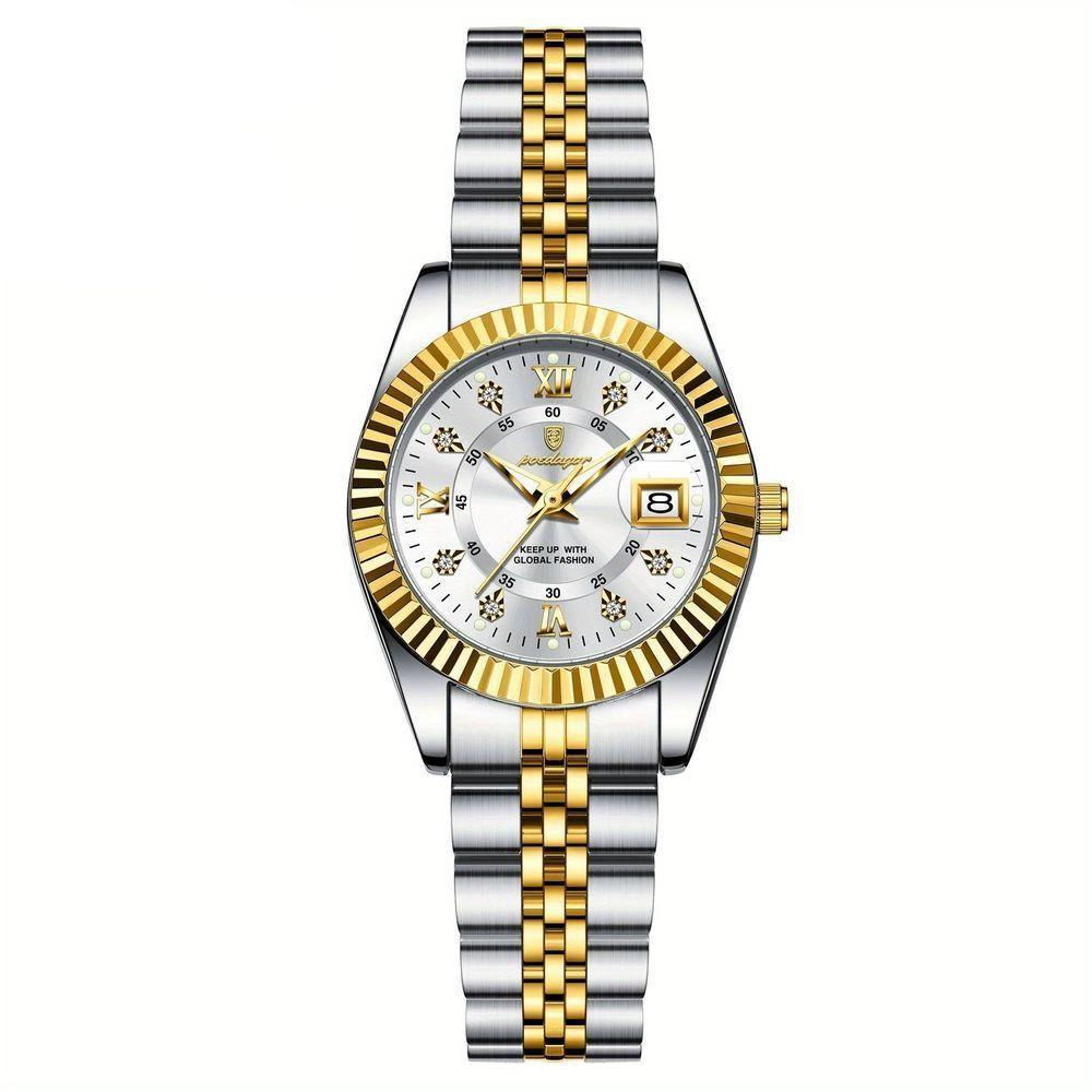 Relógio Feminino Elegante Com Strass Em Aço Inoxidável De Quartzo Casual Branco Dourado - 1