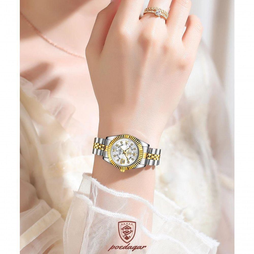 Relógio Feminino Elegante Com Strass Em Aço Inoxidável De Quartzo Casual Branco Dourado - 2