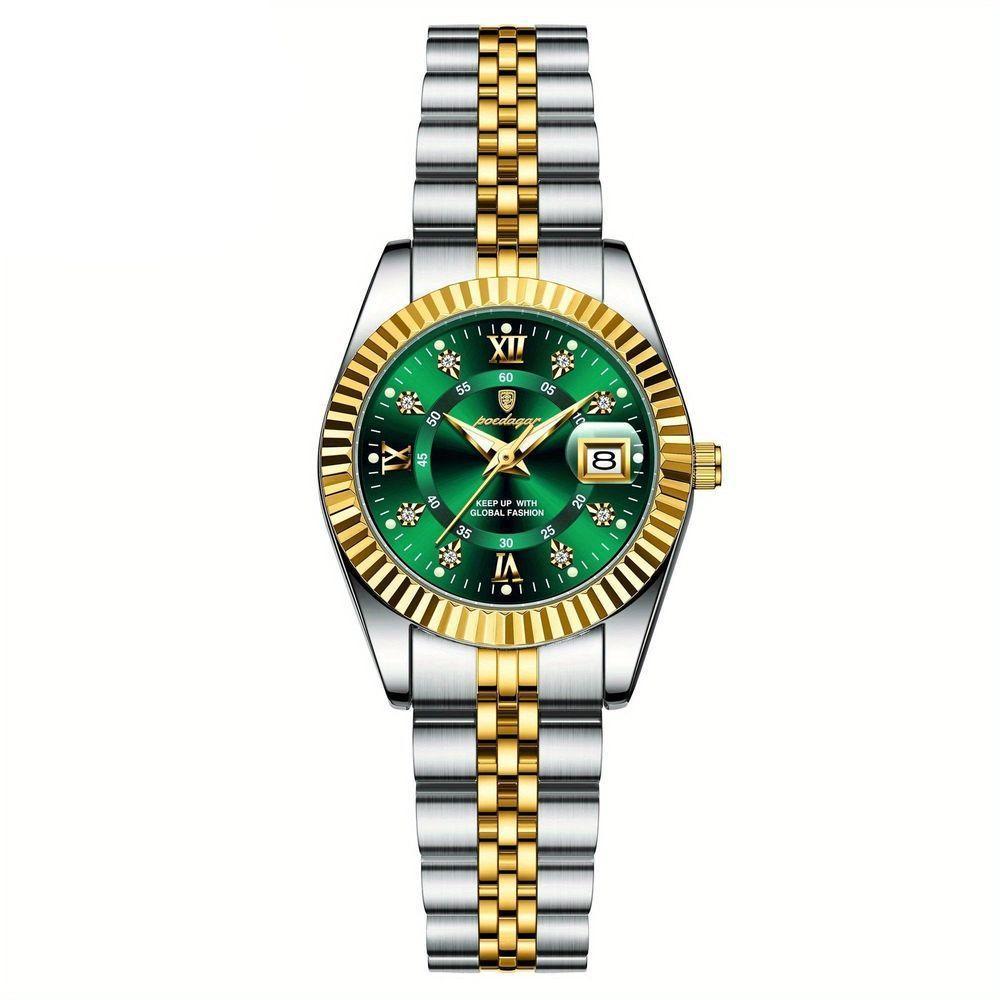 Relógio Feminino Elegante Com Strass Em Aço Inoxidável De Quartzo Casual Verde Dourado - 1