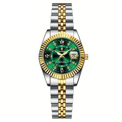Relógio Feminino Elegante Com Strass Em Aço Inoxidável De Quartzo Casual Verde Dourado