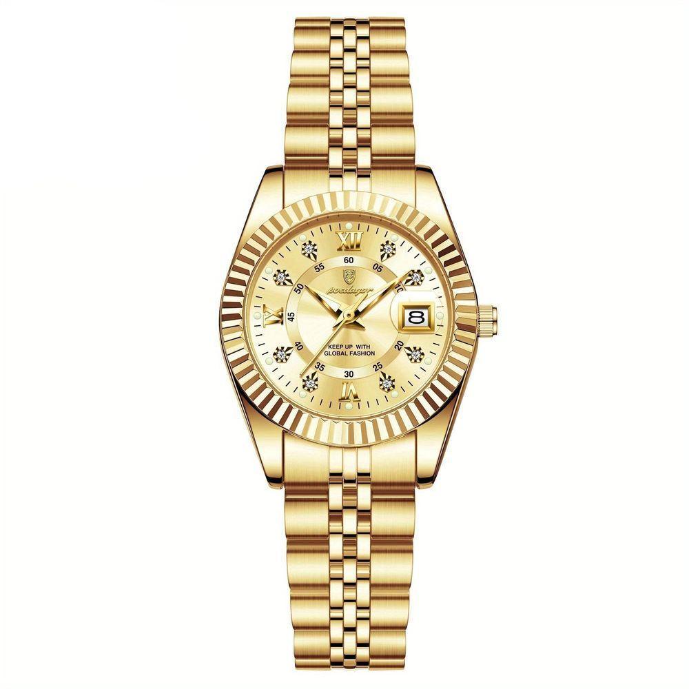 Relógio Feminino Elegante Com Strass Em Aço Inoxidável De Quartzo Casual Dourado Dourado - 1