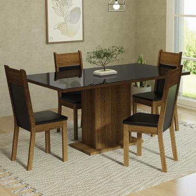 Conjunto de Jantar Greta 4 Lugares Tampo de Vidro com Cadeiras Estofadas Preto Rustic