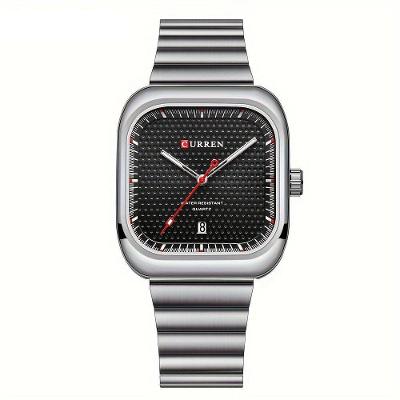 Relógio Casual Masculino De Quartzo Pulseira De Aço Inoxidável Quadrado Prata Preto