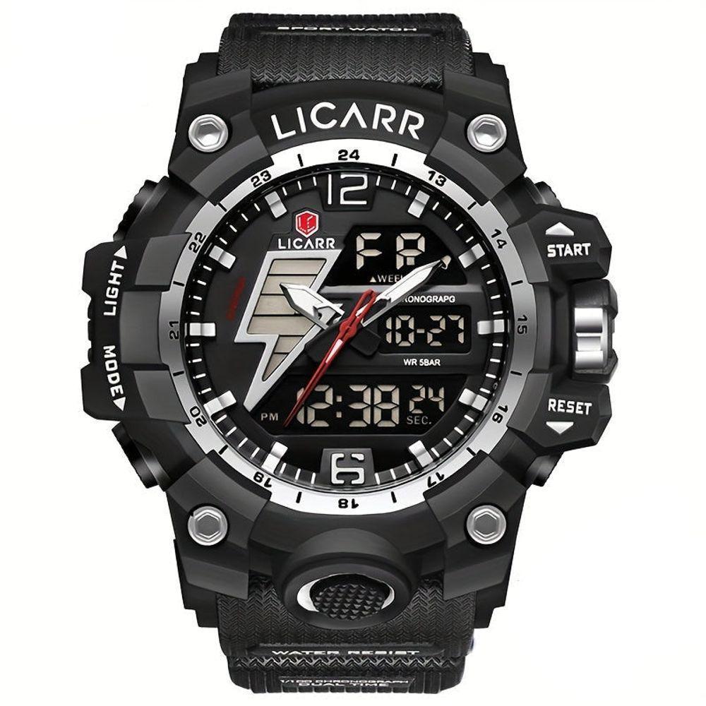 Relógio Esportivo Exibição Dupla Masculino 5atm à Prova De água Quartzo Estilo Militar Prateado Preto - 1