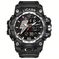 Relógio Esportivo Exibição Dupla Masculino 5atm à Prova De água Quartzo Estilo Militar Prateado Preto - 1