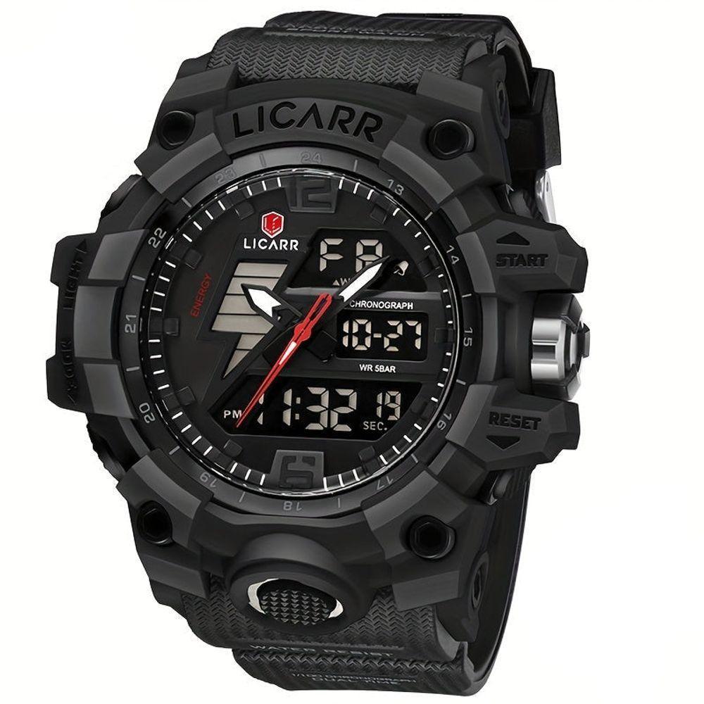 Relógio Esportivo Masculino Com Cronógrafo Analógico Digital Duplo Display 50m À Prova Da Água Preto Preto - 1