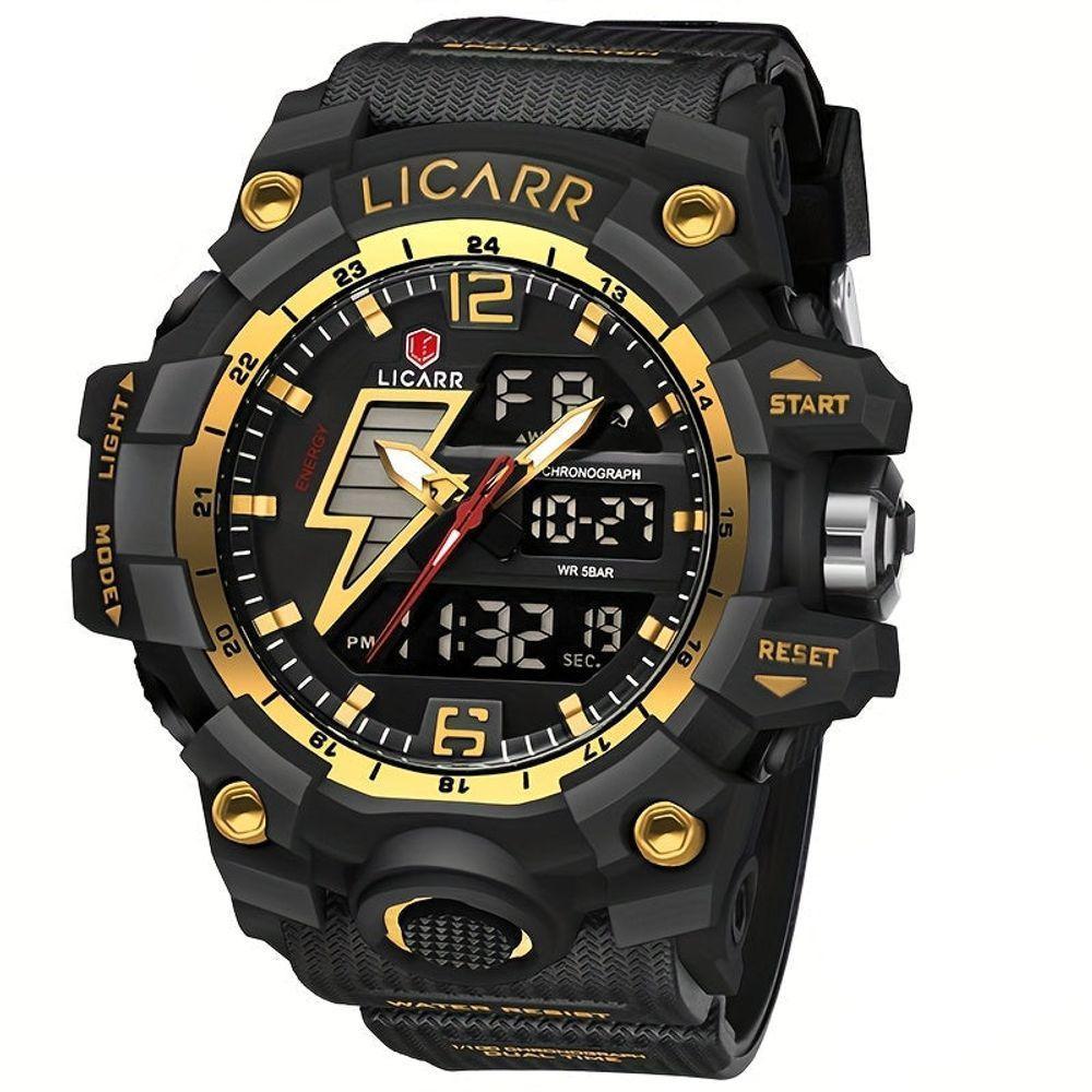 Relógio Esportivo Masculino Com Cronógrafo Analógico Digital Duplo Display 50m À Prova Da Água Preto Dourado - 1