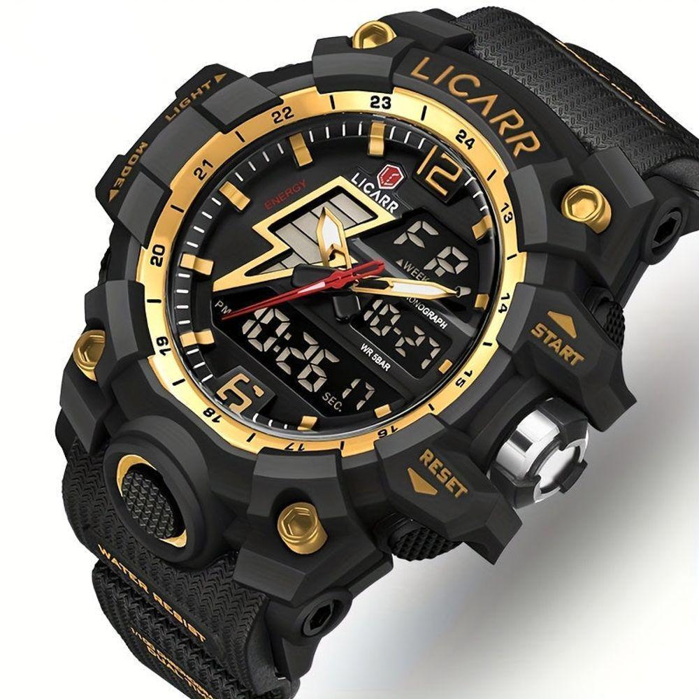 Relógio Esportivo Masculino Com Cronógrafo Analógico Digital Duplo Display 50m À Prova Da Água Preto Dourado - 2