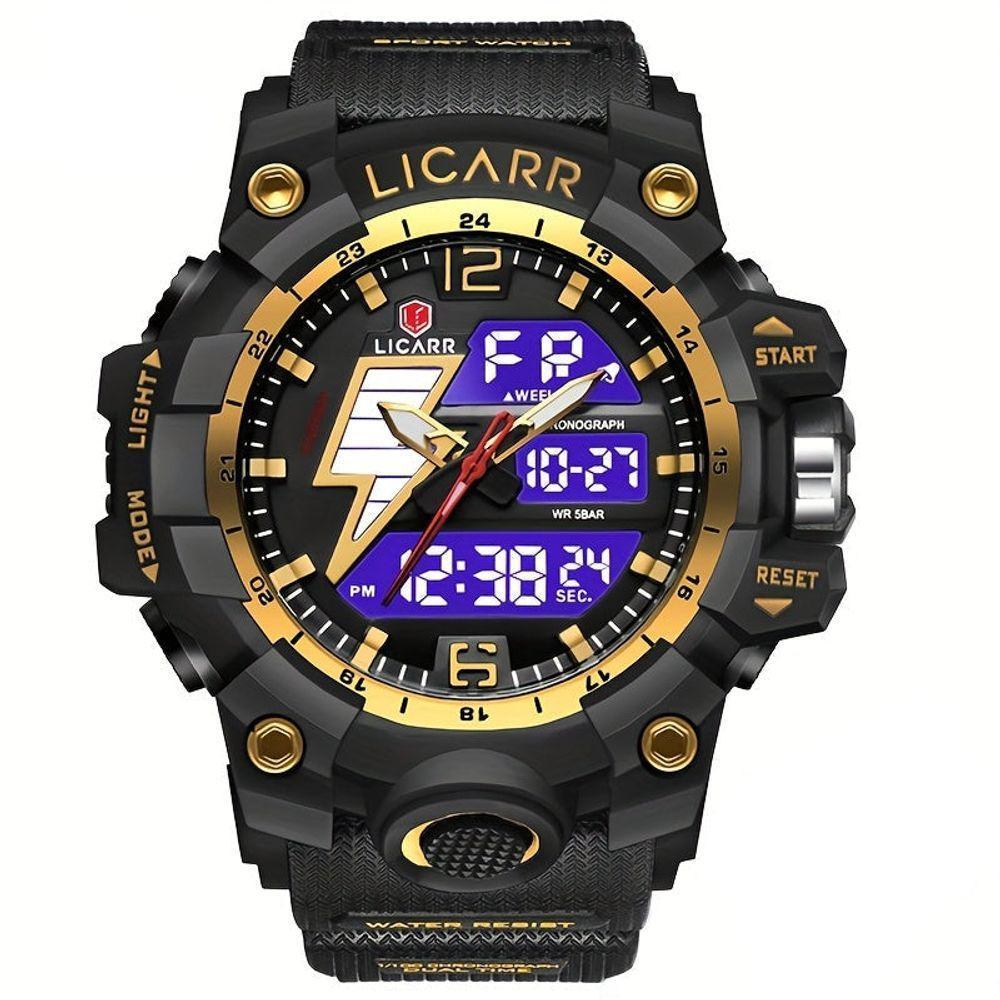 Relógio Esportivo Masculino Com Cronógrafo Analógico Digital Duplo Display 50m À Prova Da Água Preto Dourado - 3