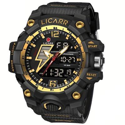 Relógio Esportivo Masculino Com Cronógrafo Analógico Digital Duplo Display 50m À Prova Da Água Preto Dourado