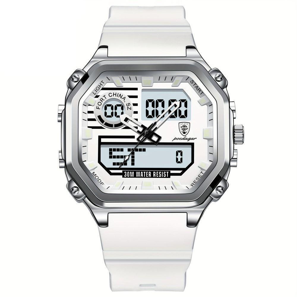 Relógio Esportivo Masculino Pulseira Em Silicone Display Híbrido Digital Analógico Branco Prata - 1