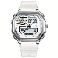 Relógio Esportivo Masculino Pulseira Em Silicone Display Híbrido Digital Analógico Branco Prata - 1