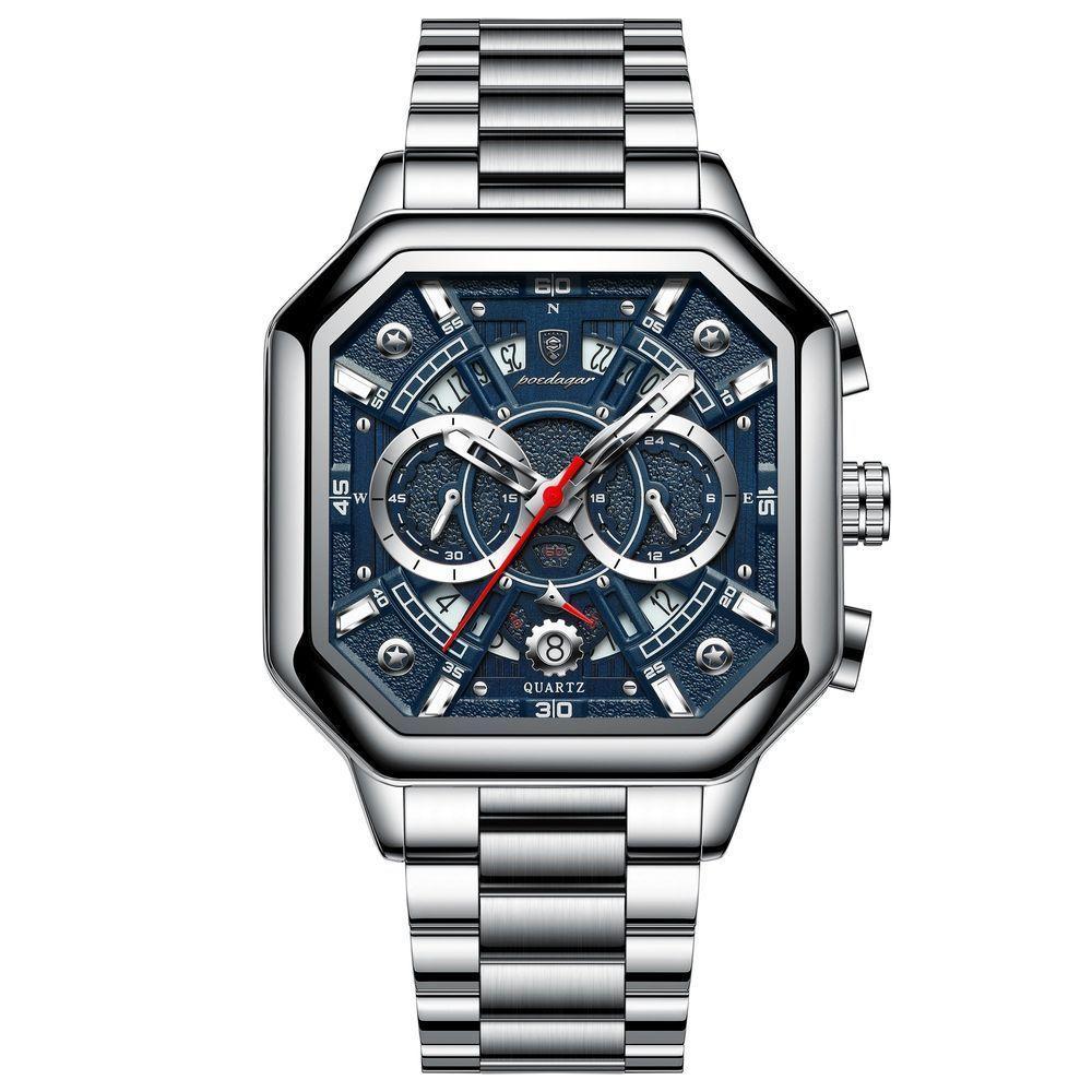 Relógio De Quartzo Com Cronógrafo Mostrador Luminoso Pulseira Em Aço Inoxidável 5atm Azul - 1