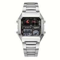 Relógio Digital Masculino Design Clássico Duplo Display Em Aço Inoxidável 3atm Prata - 1