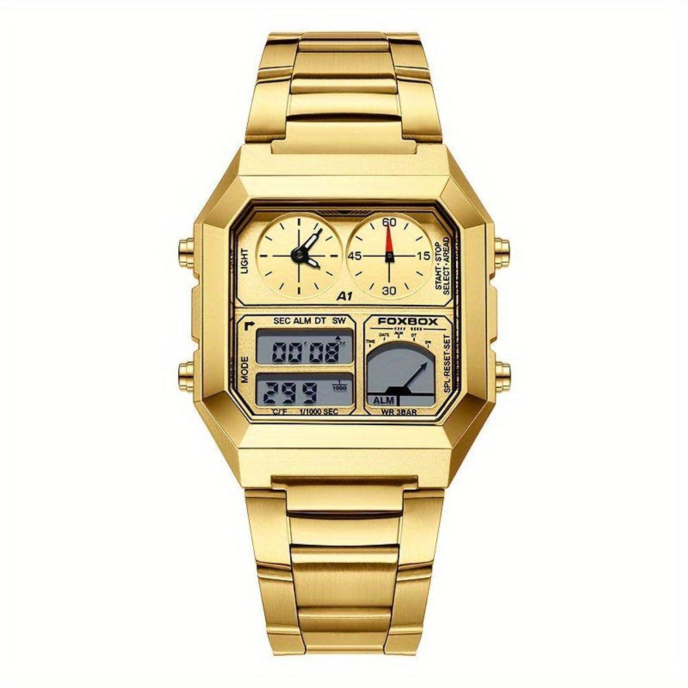 Relógio Digital Masculino Design Clássico Duplo Display Em Aço Inoxidável 3atm Dourado - 1