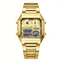 Relógio Digital Masculino Design Clássico Duplo Display Em Aço Inoxidável 3atm Dourado - 1