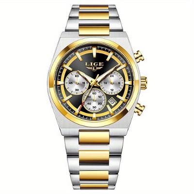 Relógio Esportivo Masculino Quartzo Multifuncional Sofisticado Em Aço Inoxidavél 3atm Dourado Preto