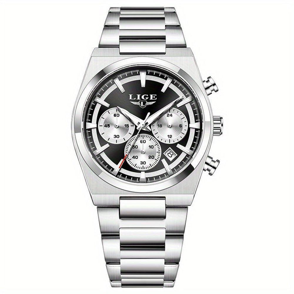 Relógio Esportivo Masculino Quartzo Multifuncional Sofisticado Em Aço Inoxidavél 3atm Preto Prateado - 1