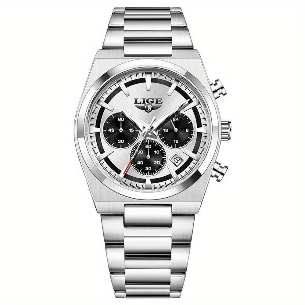 Relógio Esportivo Masculino Quartzo Multifuncional Sofisticado Em Aço Inoxidavél 3atm Branco Prateado - 1