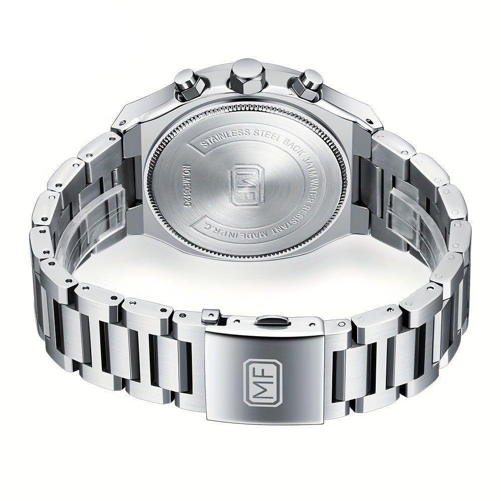 Relógio De Quartzo Multifuncional Para Homens Com Pulseira Em Aço Inoxidável Prata Verde - 2