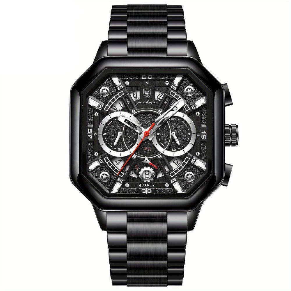 Relógio De Quartzo Com Cronógrafo Mostrador Luminoso Pulseira Em Aço Inoxidável 5atm Preto Prata - 1