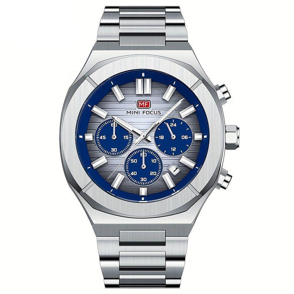 Relógio De Quartzo Multifuncional Para Homens Com Pulseira Em Aço Inoxidável Prata Azul - 1