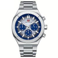 Relógio De Quartzo Multifuncional Para Homens Com Pulseira Em Aço Inoxidável Prata Azul - 1