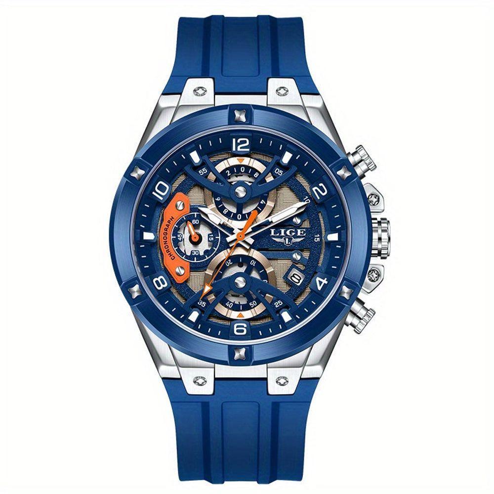 Relógio Esportivo Masculino Com Cronógrafo Movimento Quartzo Resistente Até 3atm Azul Prateado - 1