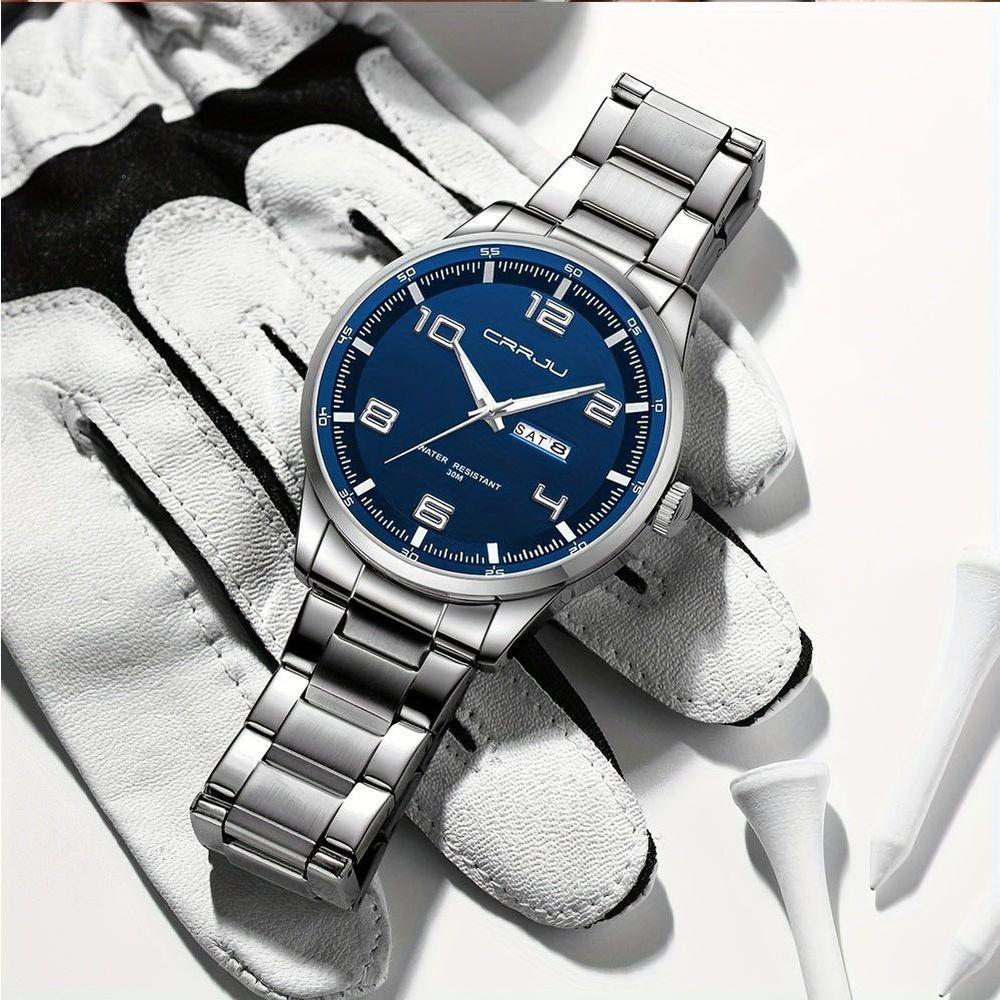 Relógio Masculino Pulseira Em Aço Inoxidável Movimento Quartzo Analógico Azul Prateado - 3