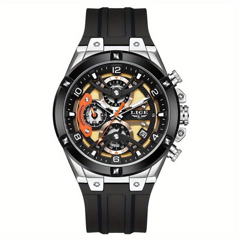 Relógio Esportivo Masculino Com Cronógrafo Movimento Quartzo Resistente Até 3atm Preto Dourado - 1