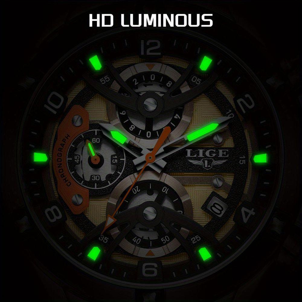 Relógio Esportivo Masculino Com Cronógrafo Movimento Quartzo Resistente Até 3atm Preto Dourado - 2