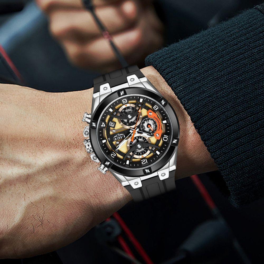 Relógio Esportivo Masculino Com Cronógrafo Movimento Quartzo Resistente Até 3atm Preto Dourado - 3