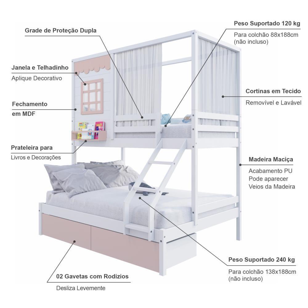 Beliche Casinha Reta Casal/ Solteiro 02 Gavetas Rosa Cortina Madeira Maciça Branco/ Rosa Housin - 3