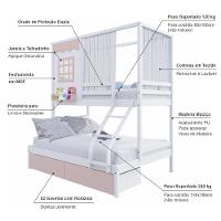 Beliche Casinha Reta Casal/ Solteiro 02 Gavetas Rosa Cortina Madeira Maciça Branco/ Rosa Housin - 3