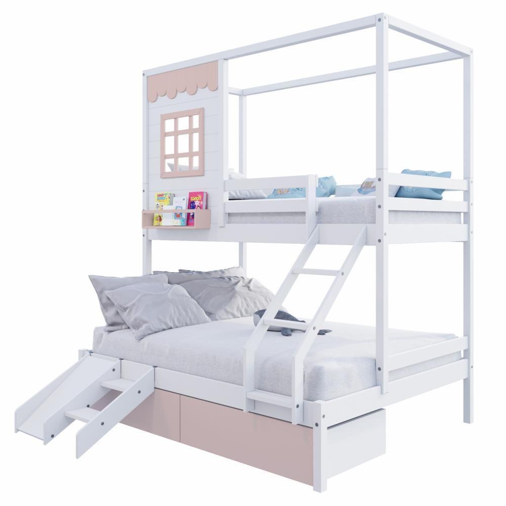 Beliche Casinha Reta Casal/ Solteiro 02 Gavetas Rosa Escorregador Madeira Maciça Branco/ Rosa Housin - 2