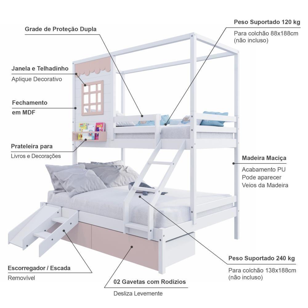 Beliche Casinha Reta Casal/ Solteiro 02 Gavetas Rosa Escorregador Madeira Maciça Branco/ Rosa Housin - 3