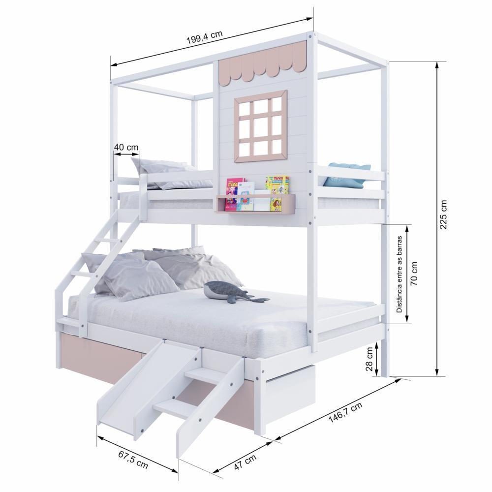 Beliche Casinha Reta Casal/ Solteiro 02 Gavetas Rosa Escorregador Madeira Maciça Branco/ Rosa Housin - 4
